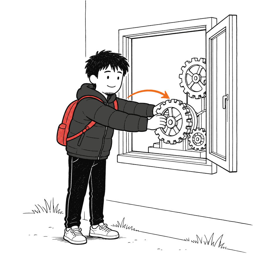 A figure stands outside a building and reaches through the window to turn the gears inside