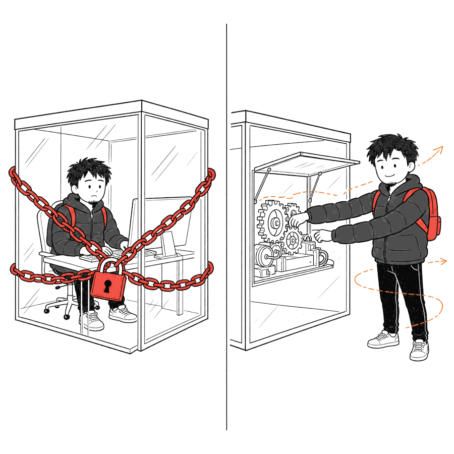 Left: a figure chained inside a client's glass cube. Right: the same figure standing outside, reaching in through a hatch to work the machinery