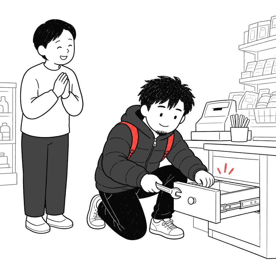 A figure kneels in a small shop fixing a jammed drawer while the shopkeeper looks hugely relieved