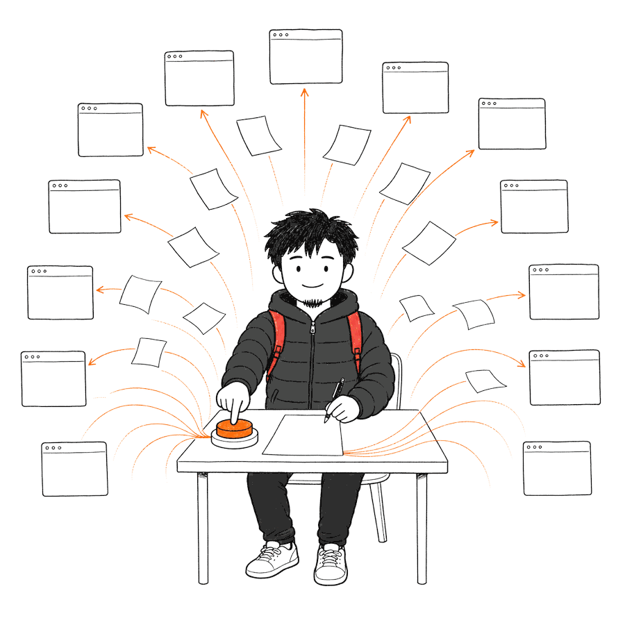 A figure writes one page, presses one orange button, and copies fly out to many blank screens