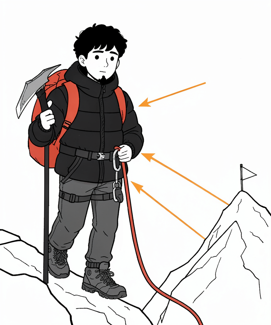 小J 用工具套装攀登雪山：冰镐、绳索、锁扣、背包，橙色箭头标注装备