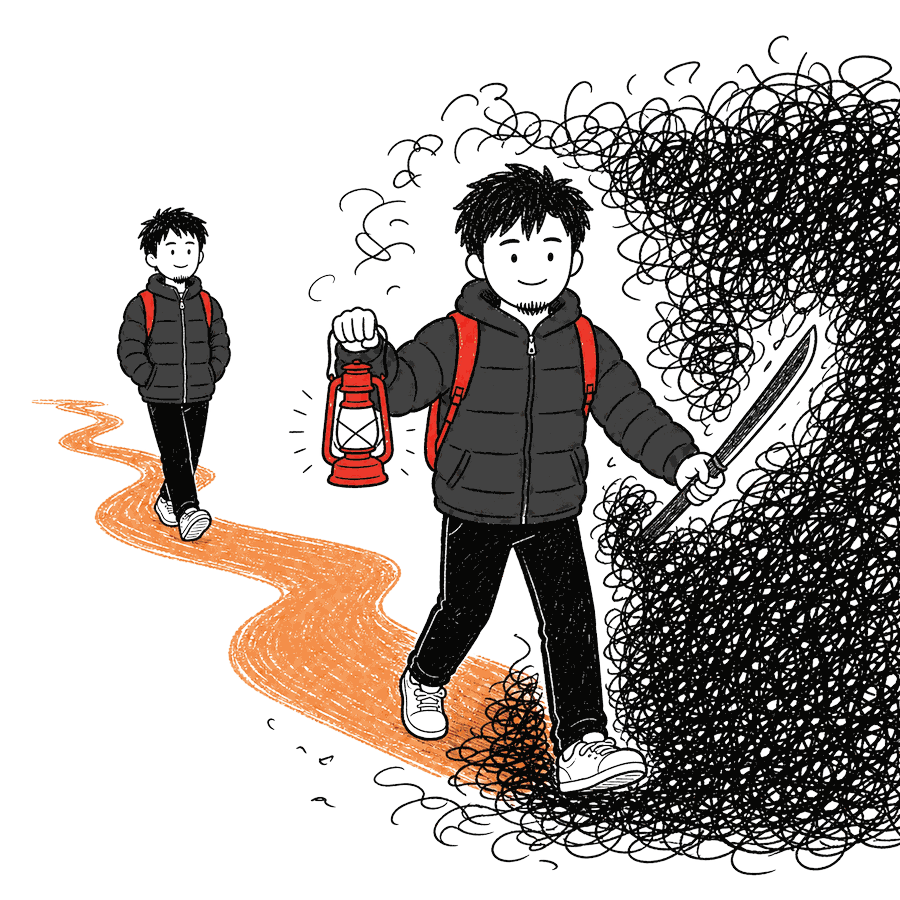 One figure cuts a path into black fog with a lantern while a second figure strolls along the finished orange path behind him