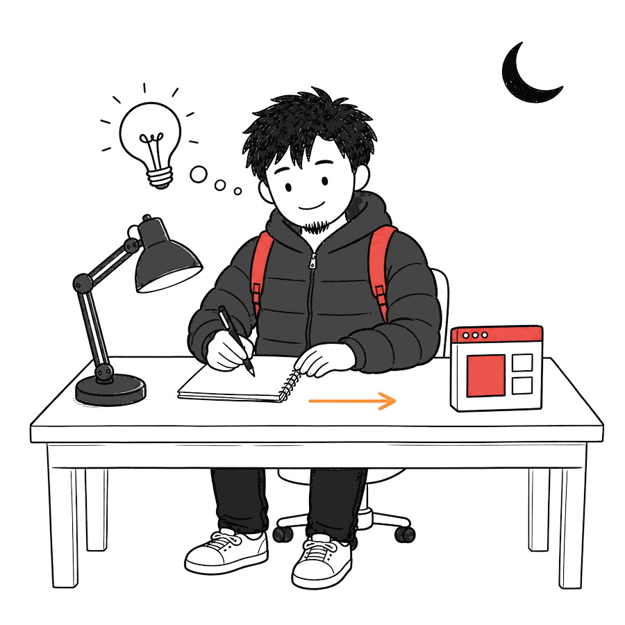 A figure at a night desk: a lightbulb thought on one side, a finished product on the other, one short arrow between