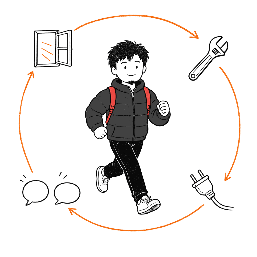 A figure runs a circular track marked by a window, a tool, a plug and two empty speech bubbles