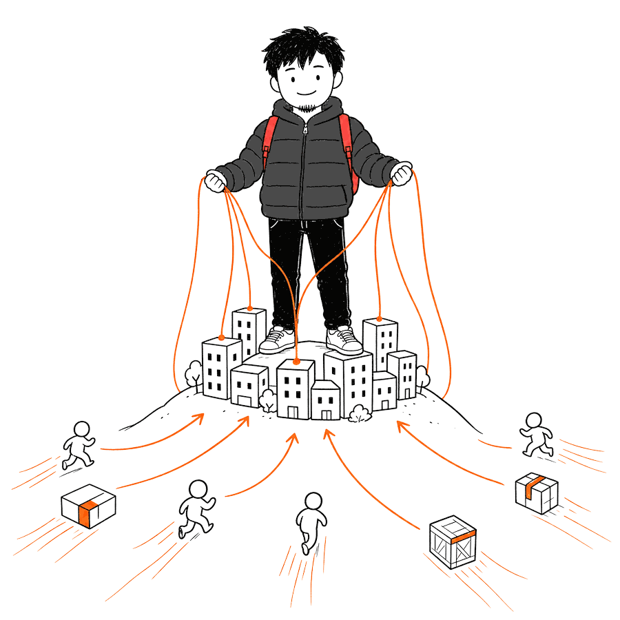 A figure stands over a small city, stringing orange cables between rooftops while people and crates are drawn in along orange lines